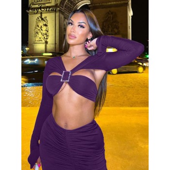  Lace Up Cut Out Long Sleeve Crop Top Ruffle Ruched Midi Skirt Suit Matching Y2K Outfit Bodycon